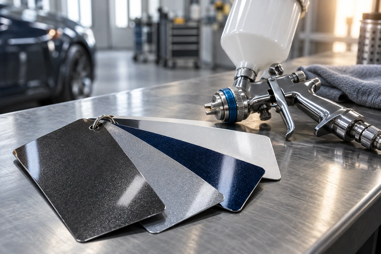 Illustration of metallic paint samples beside a spray gun