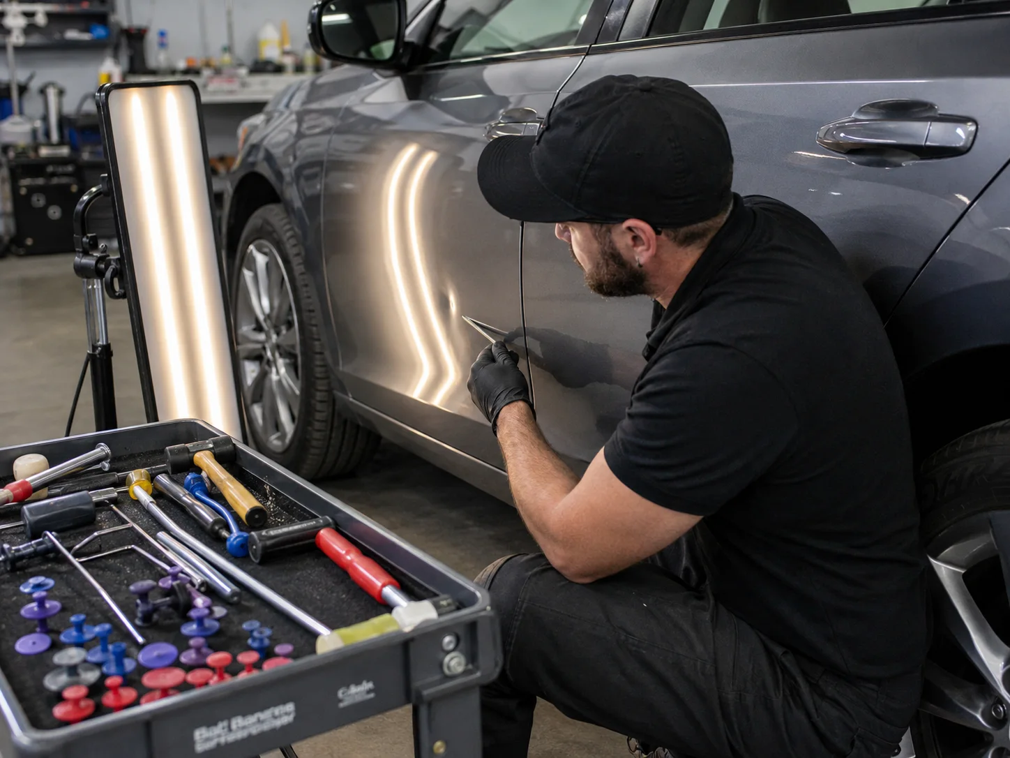 Heritage technician examining a door dent under a paintless dent repair light